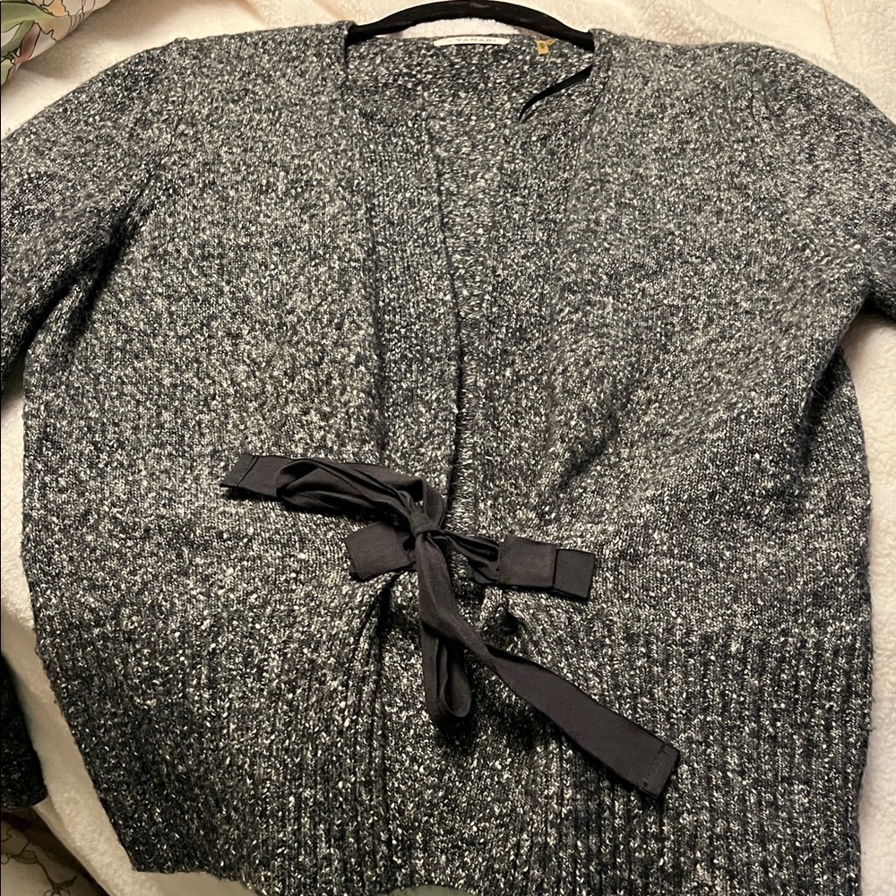 T Tahari Charcoal Cardigan with Black Ribbon